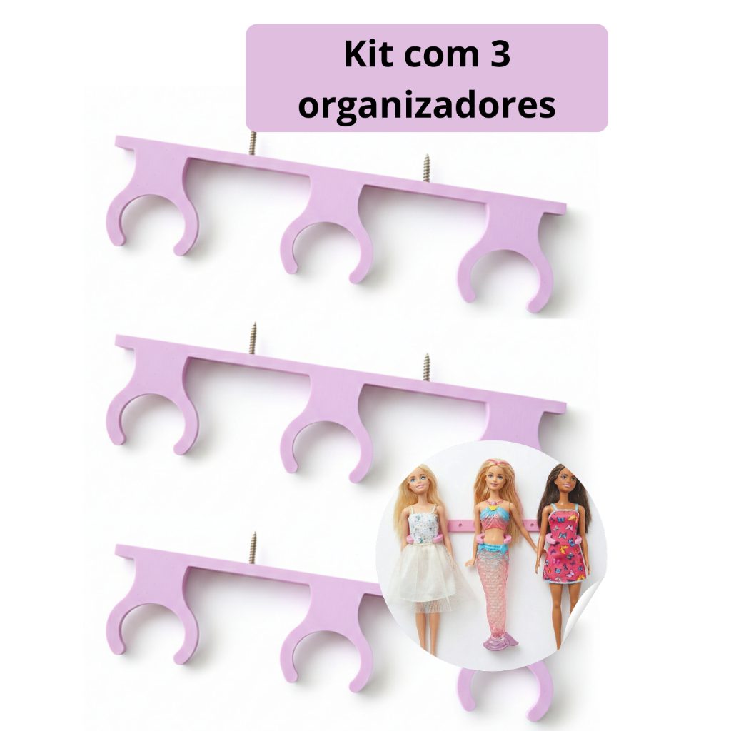 Kit Com 3 Suportes Organizador para Bonecas Tipo Barbie Praticidade Organização e Exposição Perfeita