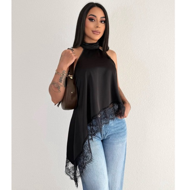 Blusa Feminina Gola Alta Assimétrica  Frente Única Com Renda Bata Elegante Tendência Inverno em Oferta na Shopee