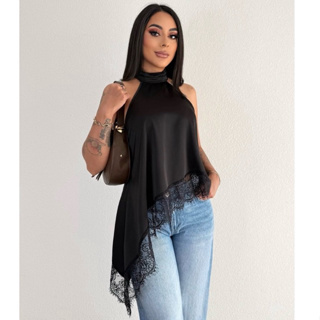 Blusa Feminina Gola Alta Assimétrica  Frente Única Com Renda Bata Elegante Tendência Inverno em Oferta na Shopee