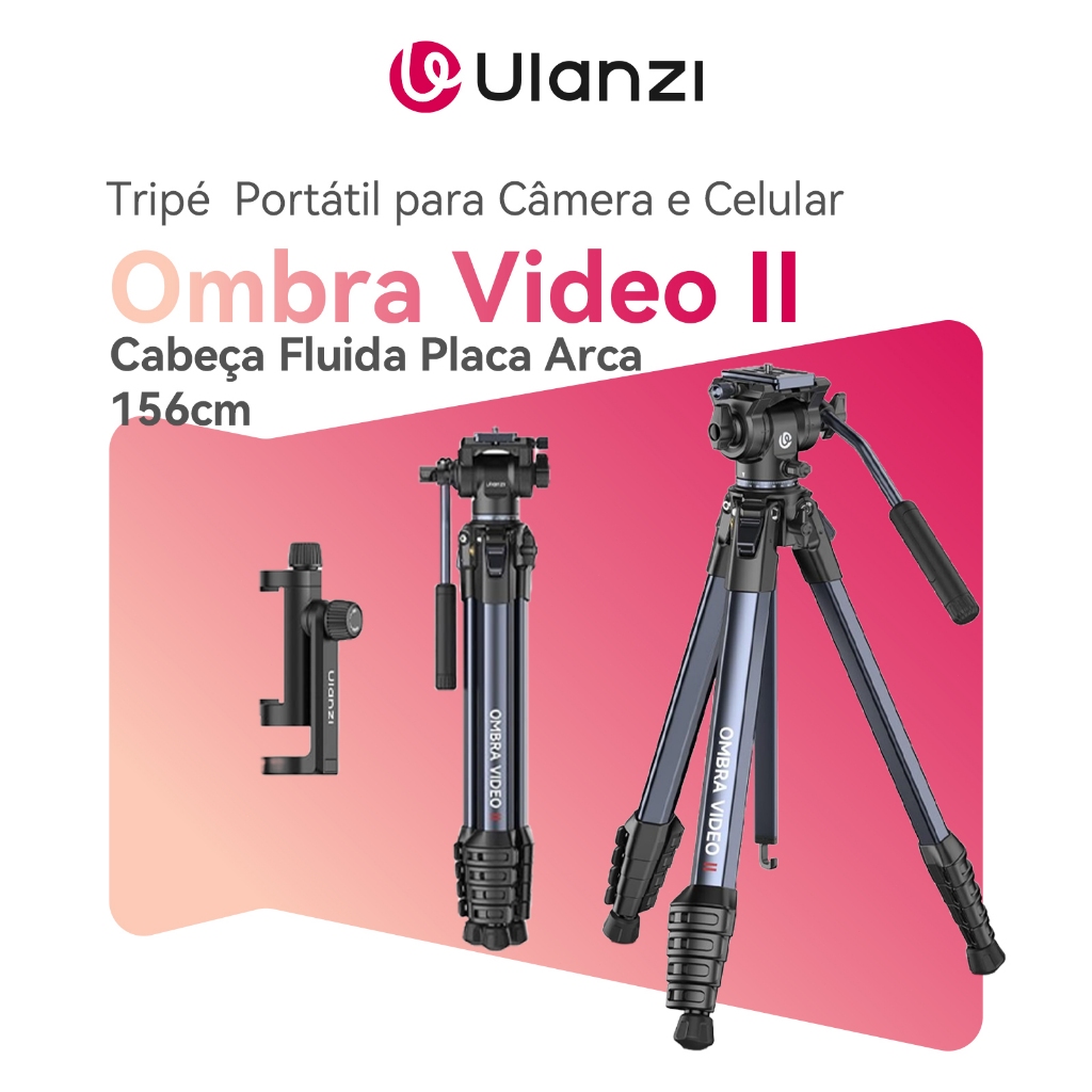 ULANZI Ombra Video II Tripé 156cm com Cabeça Fluida, Placa Arca, Rotação 360°, Tripé Portátil para Câmera e Celular