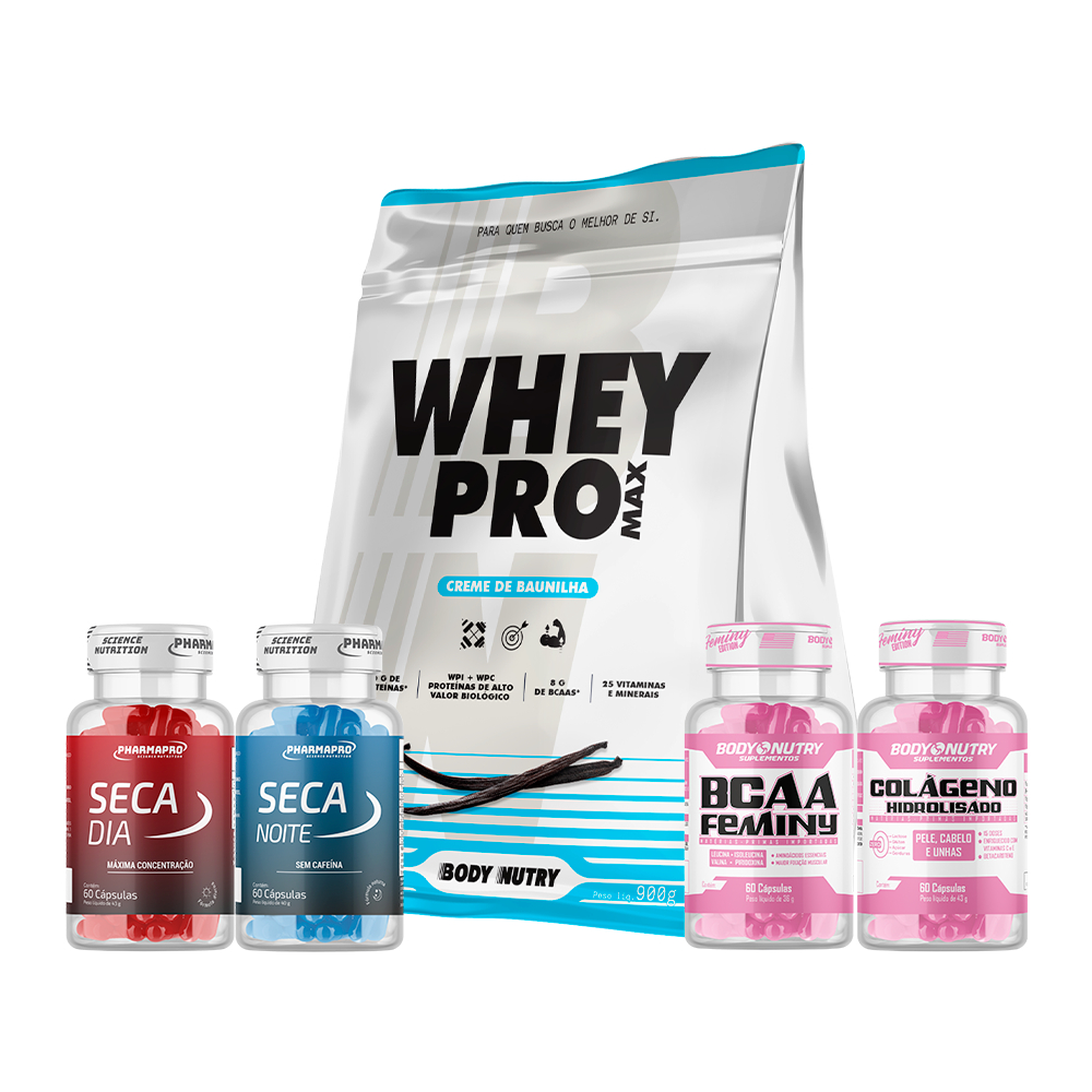 Kit Whey Protein 900g + CAFEINA + TERMOGENICO SEM CAFEINA + Testo Feminy + Colageno Feminy