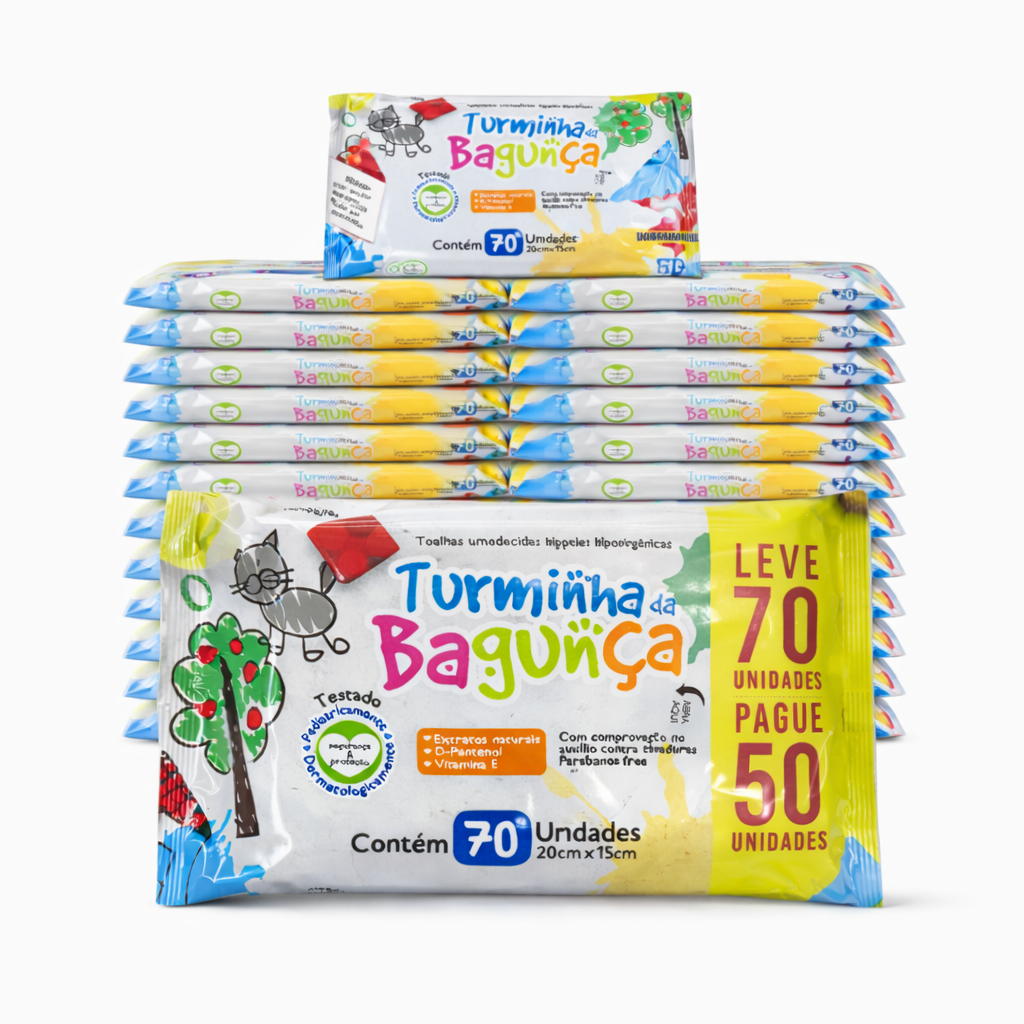 Kit 10 Toalhas Umedecidas Turminha da Bagunça 70 Folhas 98% Água Lenço Umedecido