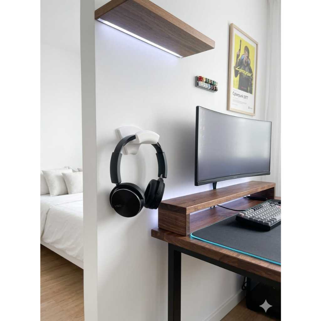 Suporte  para Headset Fone de Parede e Mesa Fixação Fita