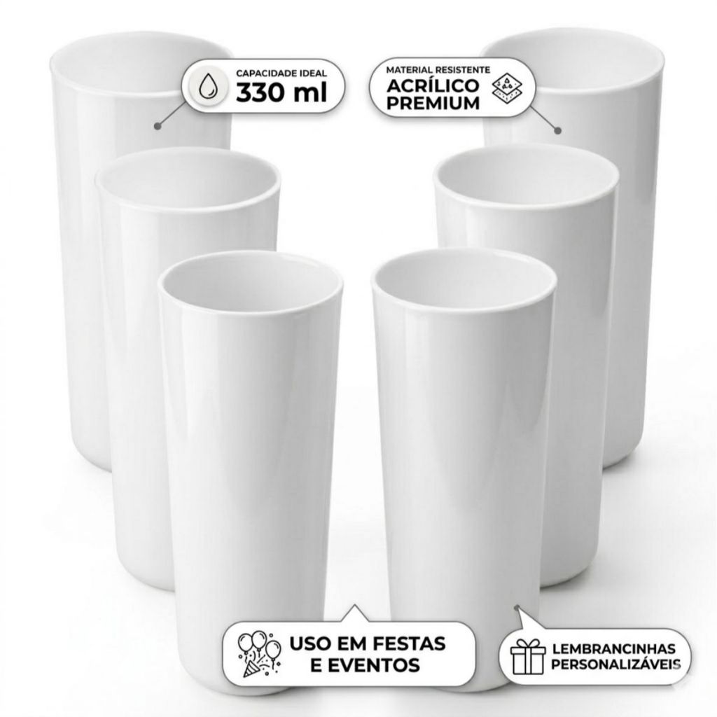 Copo Long Drink Kit Com 50 Copos Branco Liso 330 ML Várias cores