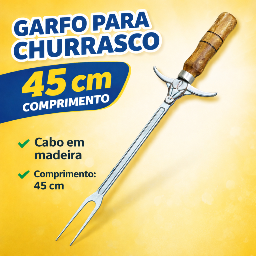 Garfo Churrasco 45cm Alumínio Fundido Cabo Madeira Cabeça de Boi Chifre Grande Reforçado