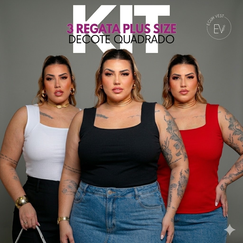 Kit 3 Blusas Regatas Plus Size Moda Feminina Quadrado Valorizador Malha Premium  Ajuste Perfeito Conforto Absoluto