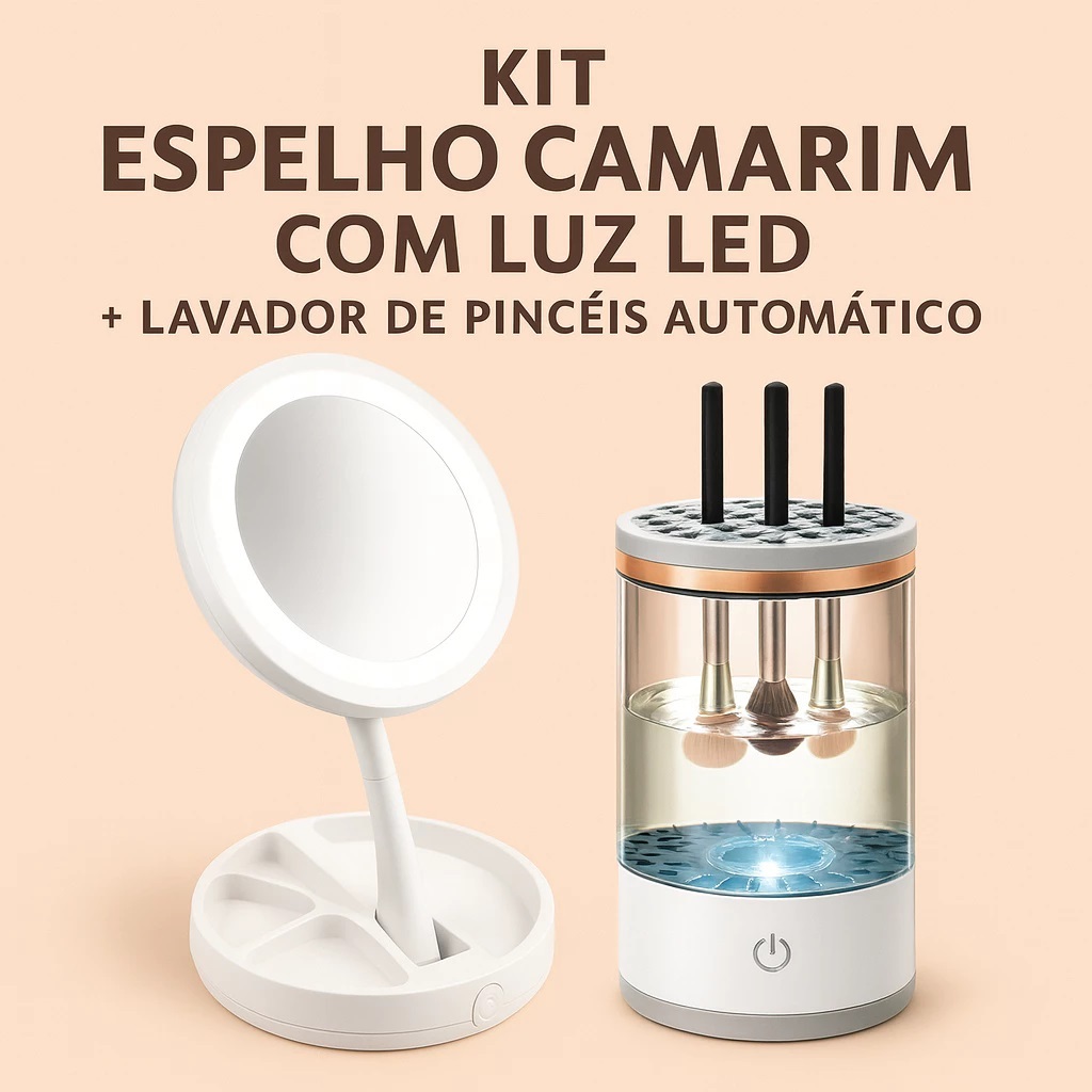 Espelho Camarim LED Maquiagem + Lavador de Pincéis Automático Kit Beleza Profissional