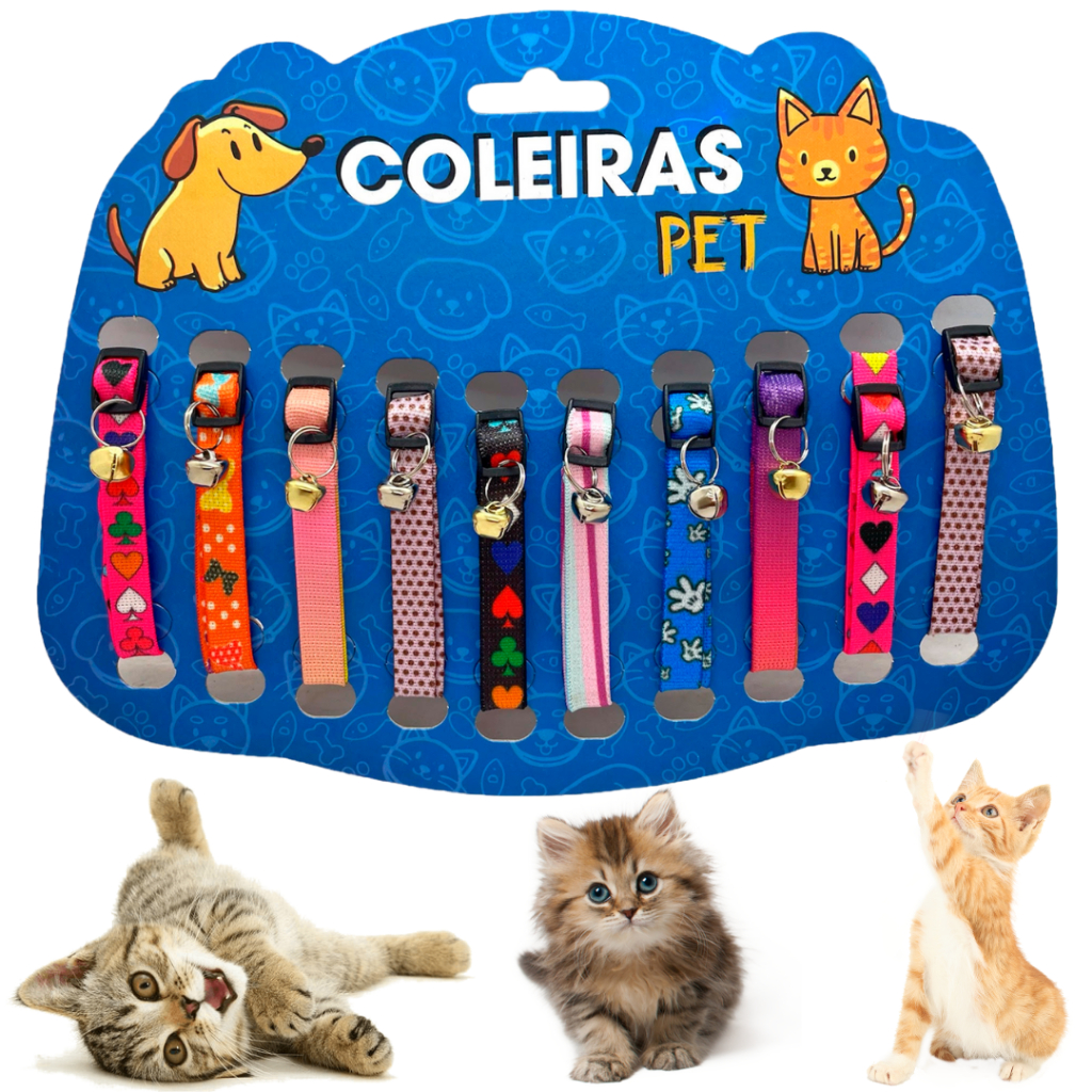 Kit coleiras gato regulagem tamanho elástica guizo