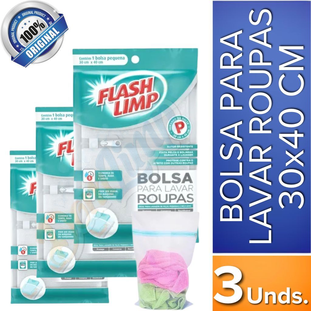Kit 3 Bolsas para Lavar Roupas Pequenas Flash Limp 30 x 40 cm – Protege Peças Delicadas na Máquina em Oferta na Shopee