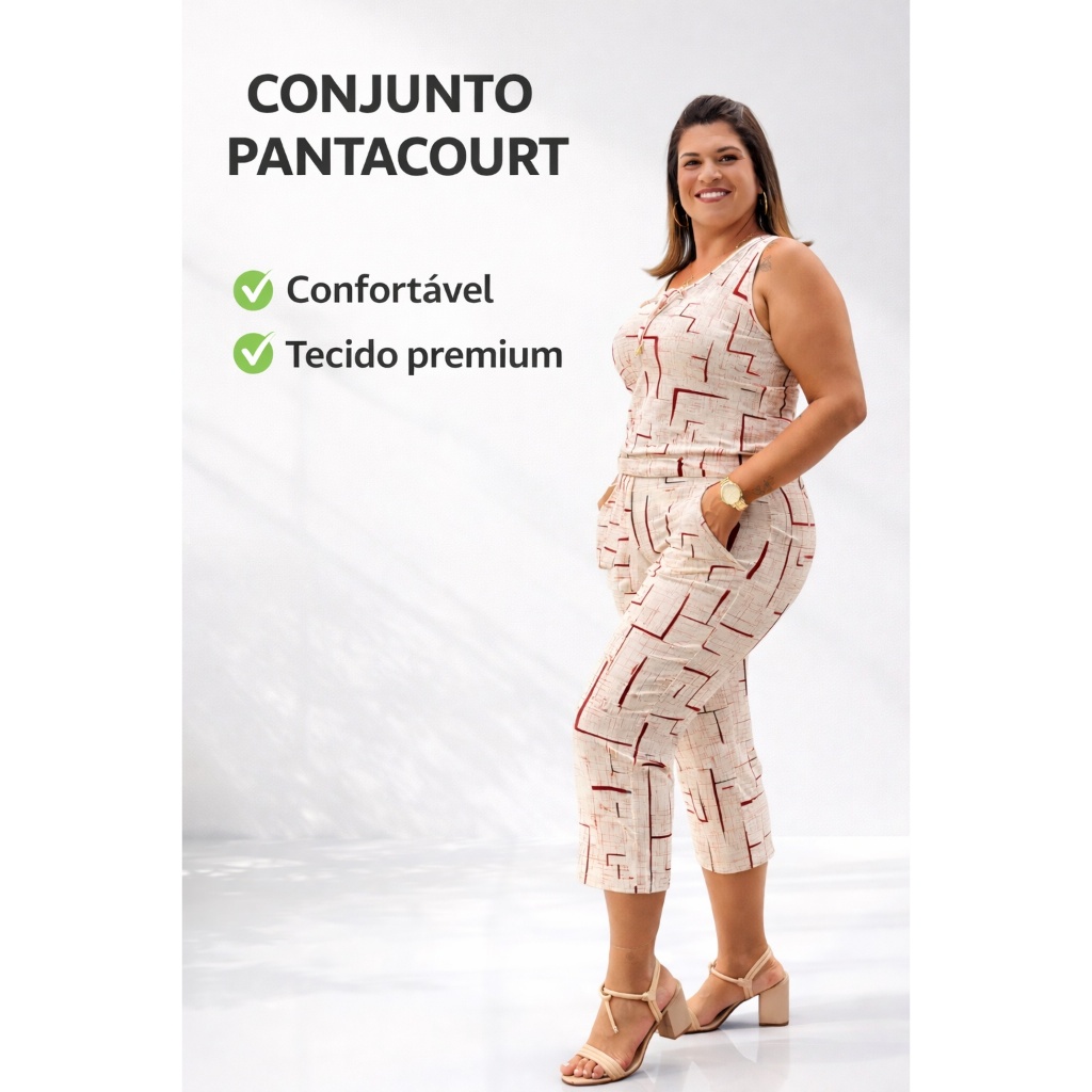 Conjunto de regata e pantacourt, branco vermelho, viscolycra premium, elegância em cada detalhe. em Oferta na Shopee