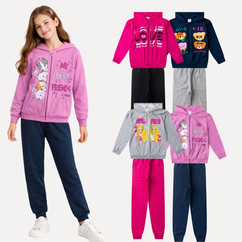 Moletom 6 Peças Calça Casaco Kit Sortido Juvenil 3 Conjuntos Inverno Roupa Feminino Infantil Frio