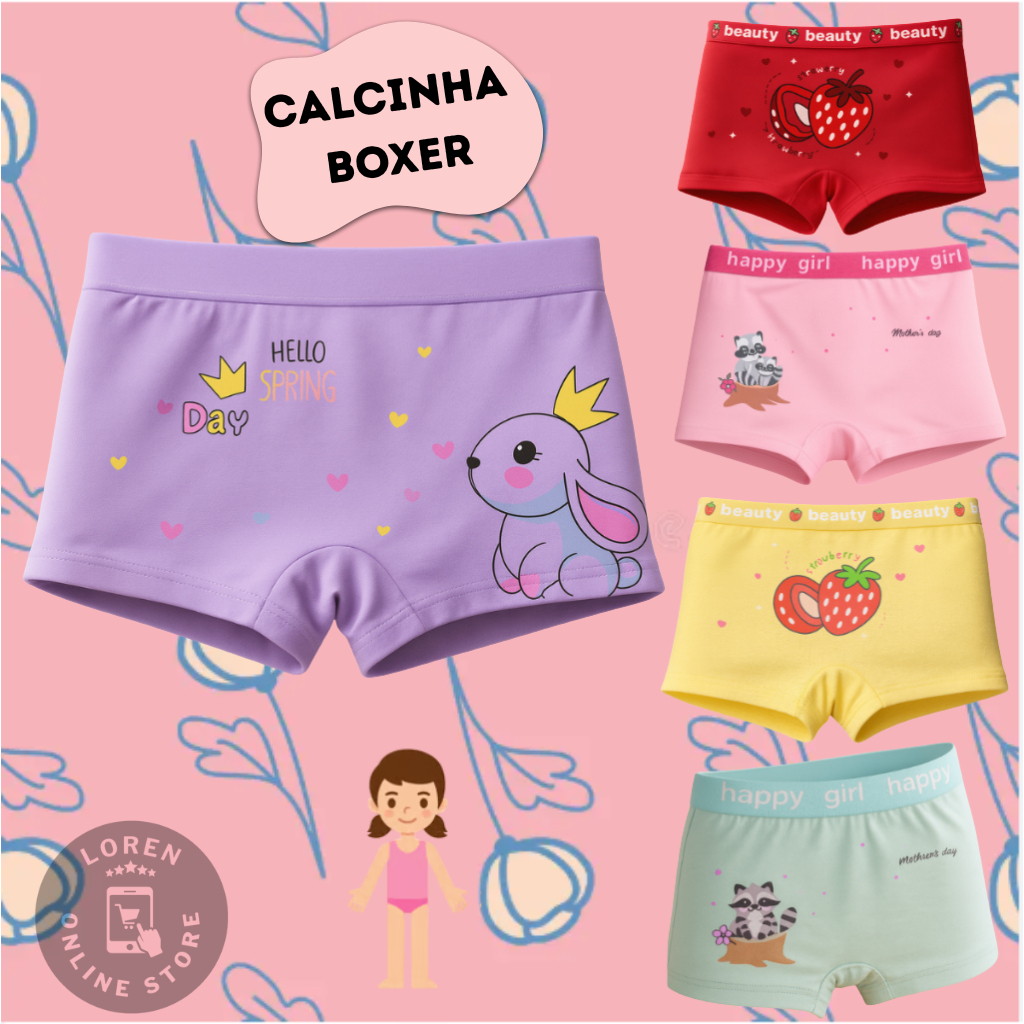 Kit 05 ou 03 Calcinhas Importada box Shortinho Infantil menina Estampada
