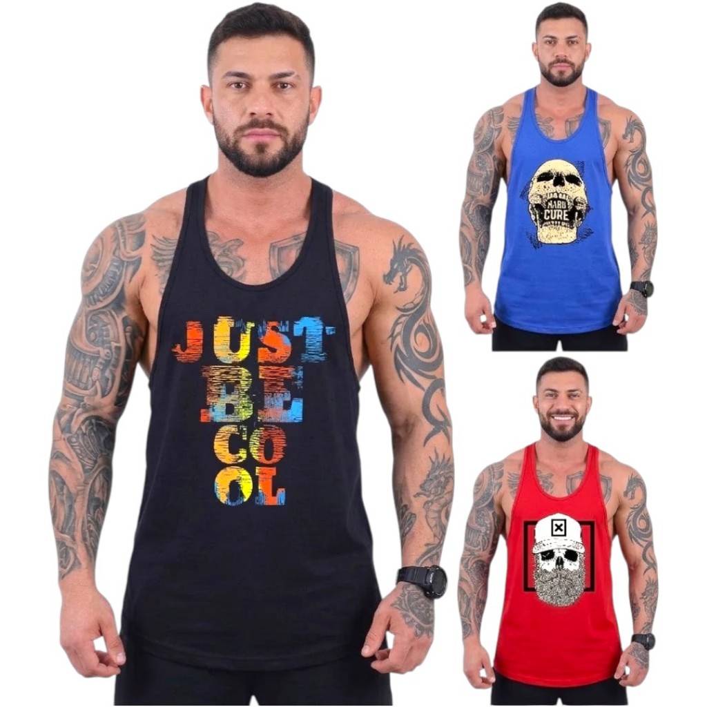Kit 3 Regatas Longlines Super Cavadas Tank Masculina Bulcri Estampada Caveira Academia Musculo