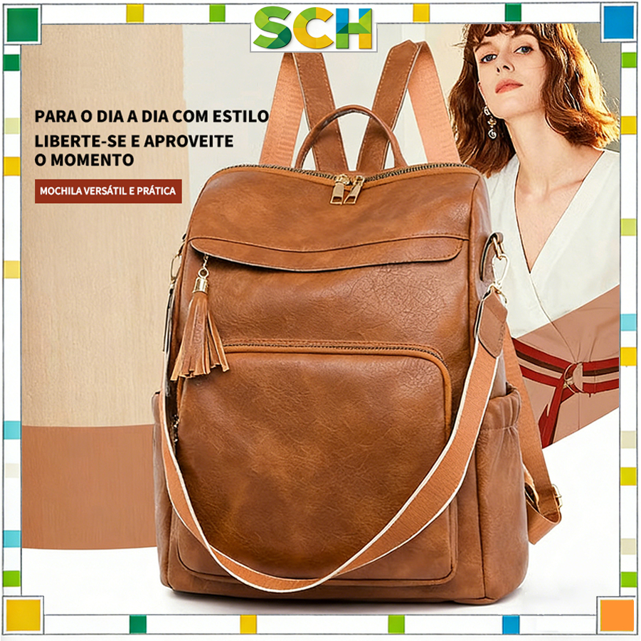 Mochila de couro para mulheres moda borla feminina bolsas de ombro designer grande mochila de viagem em Oferta na Shopee