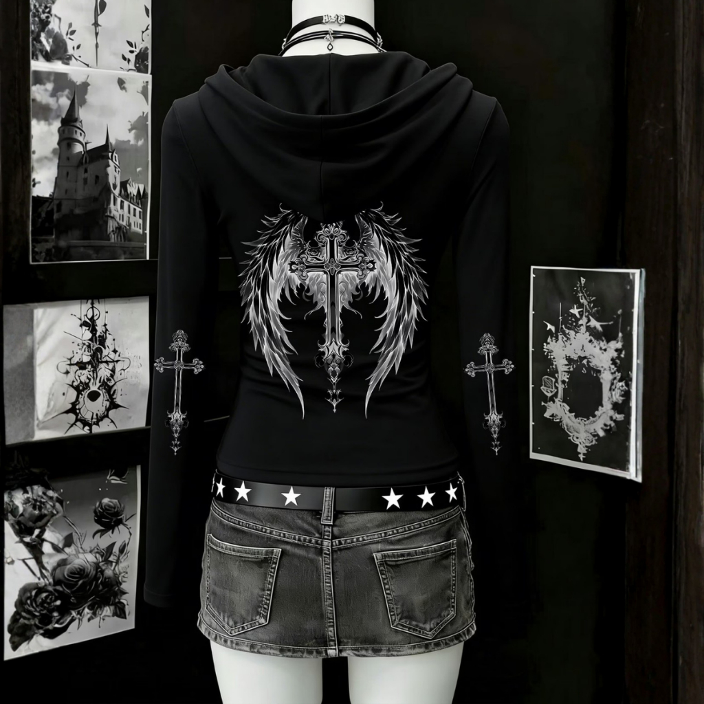 Blusa Ziper  Capuz Estampa Gothic Cross Wing Grunge Vintage Asas Dark Grunge