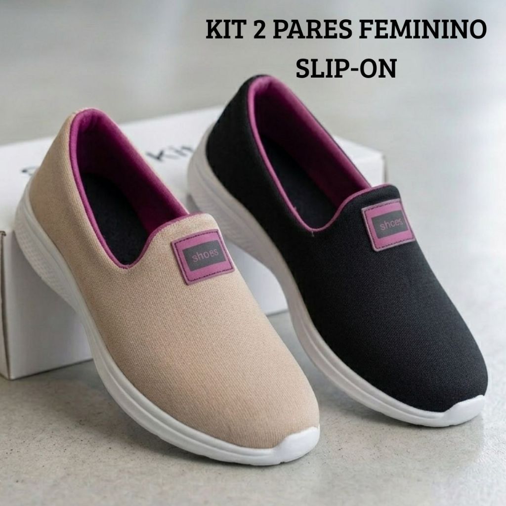 Kit 2 Pares De Tênis Feminino Calce Fácil Esportivo Slip On Casual confortável caminhada Academia
