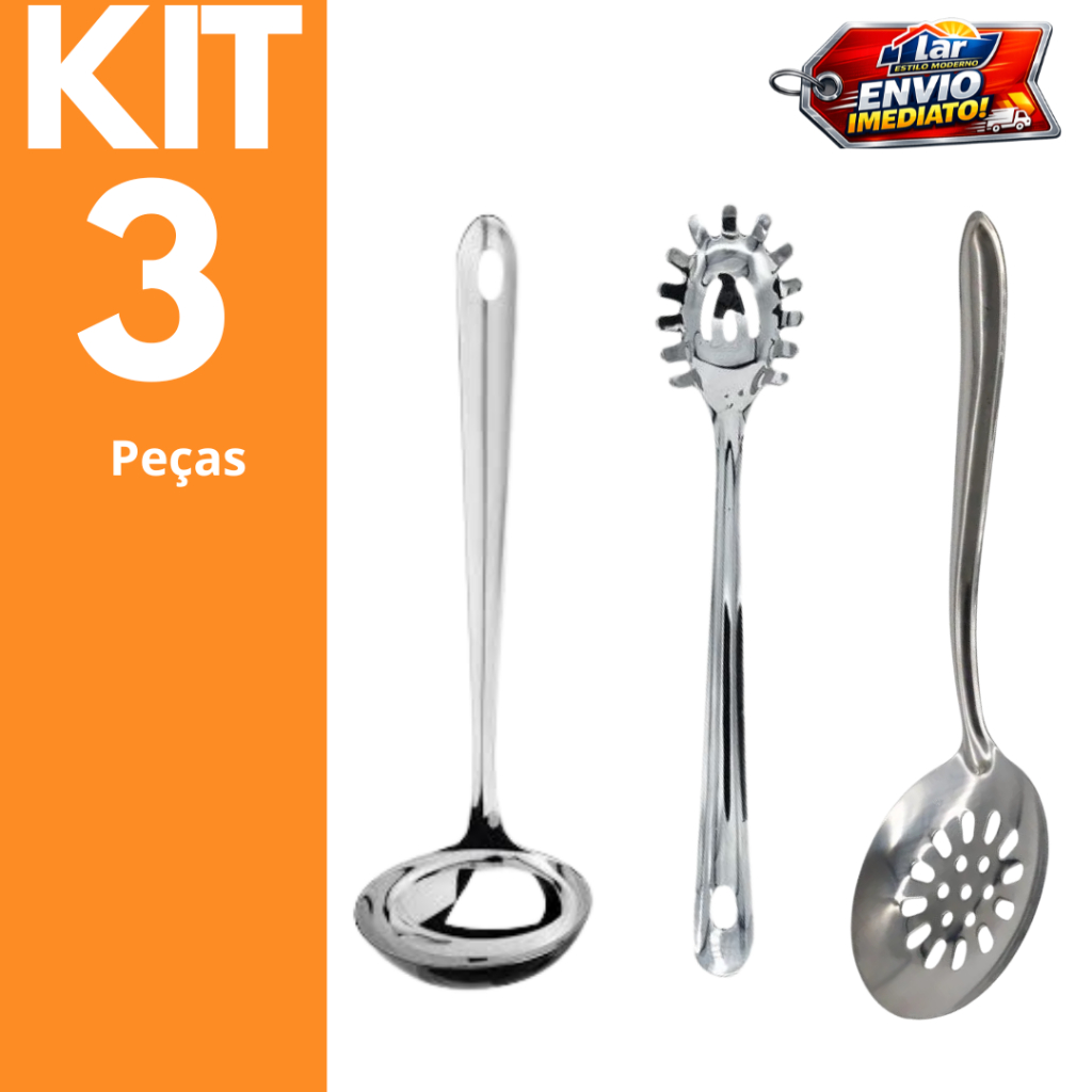 Kit Utensílios de Cozinha 3 Peças Aço Inox Concha Escumadeira Pegador de Massas para cozinha Buffet