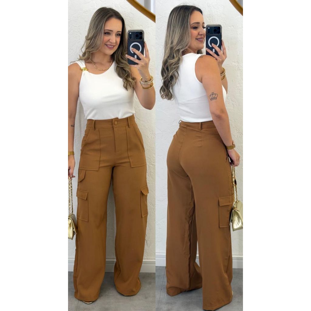 Calça Alfaiataria Feminina Cargo Valentina Pantalona WideLeg com Bolsos Laterais em Oferta na Shopee