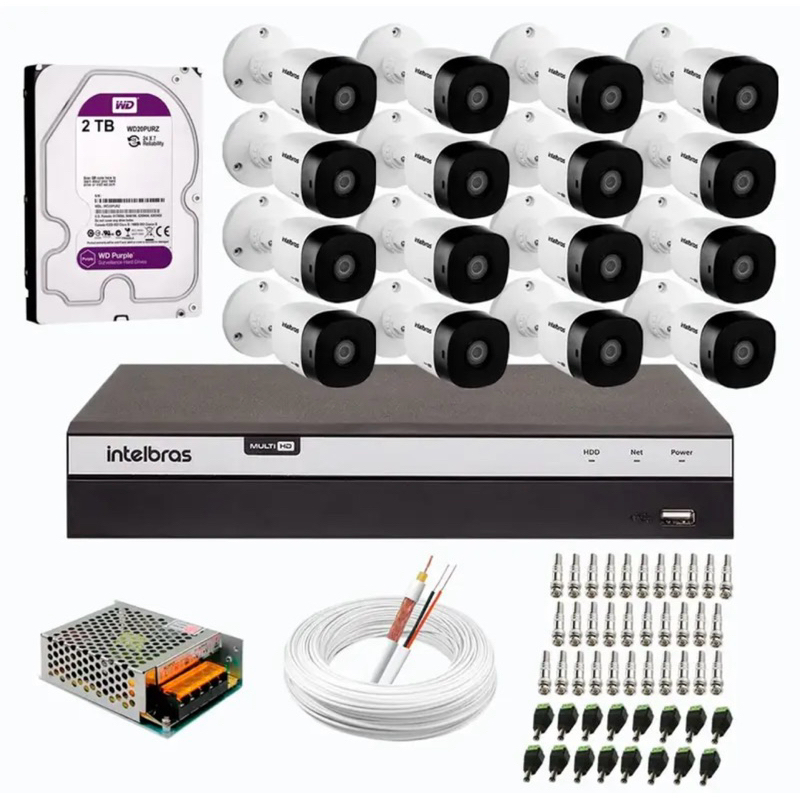 Kit 16 Câmeras Full HD Intelbras VHD 1220 B G6 + DVR 16 Canais Full HD MHDX 3116 + HD WD Purple 2TB + Acessórios