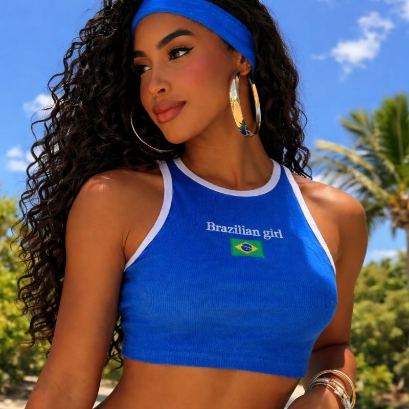 Blusa Feminina Regata Cropped Canelada Ribana Copa do Mundo Brasil Blogueira Verão