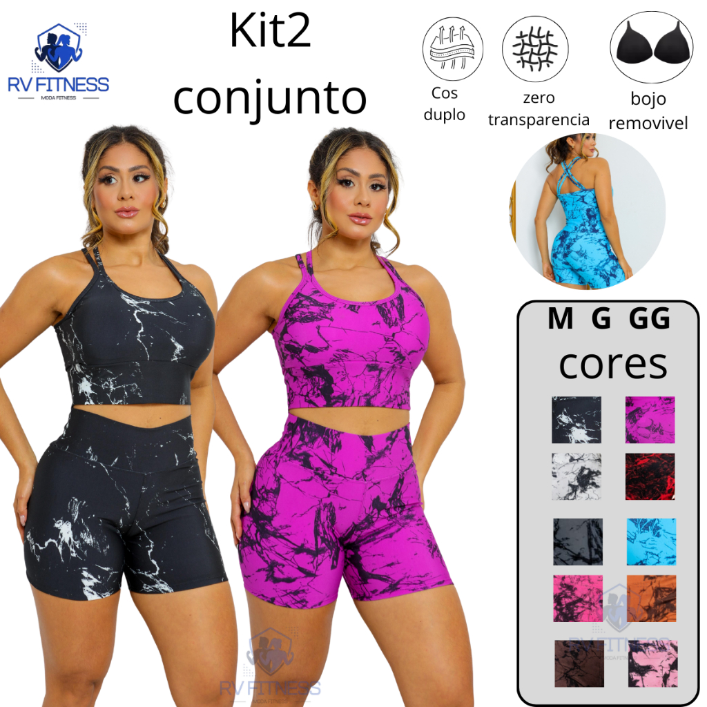 Kit 2 Conjunto academia Shorts + Top Trançado marmorizado feminino fitness