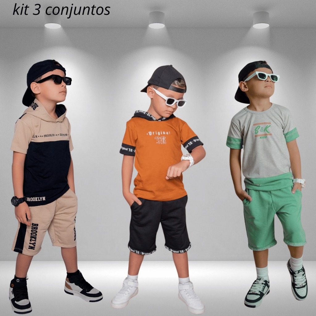Roupa Masculino Infantil Lançamento Kit Com 6 Peças 3 Camisas e 3 Bermudas Veste Do 2 ao 14 Anos
