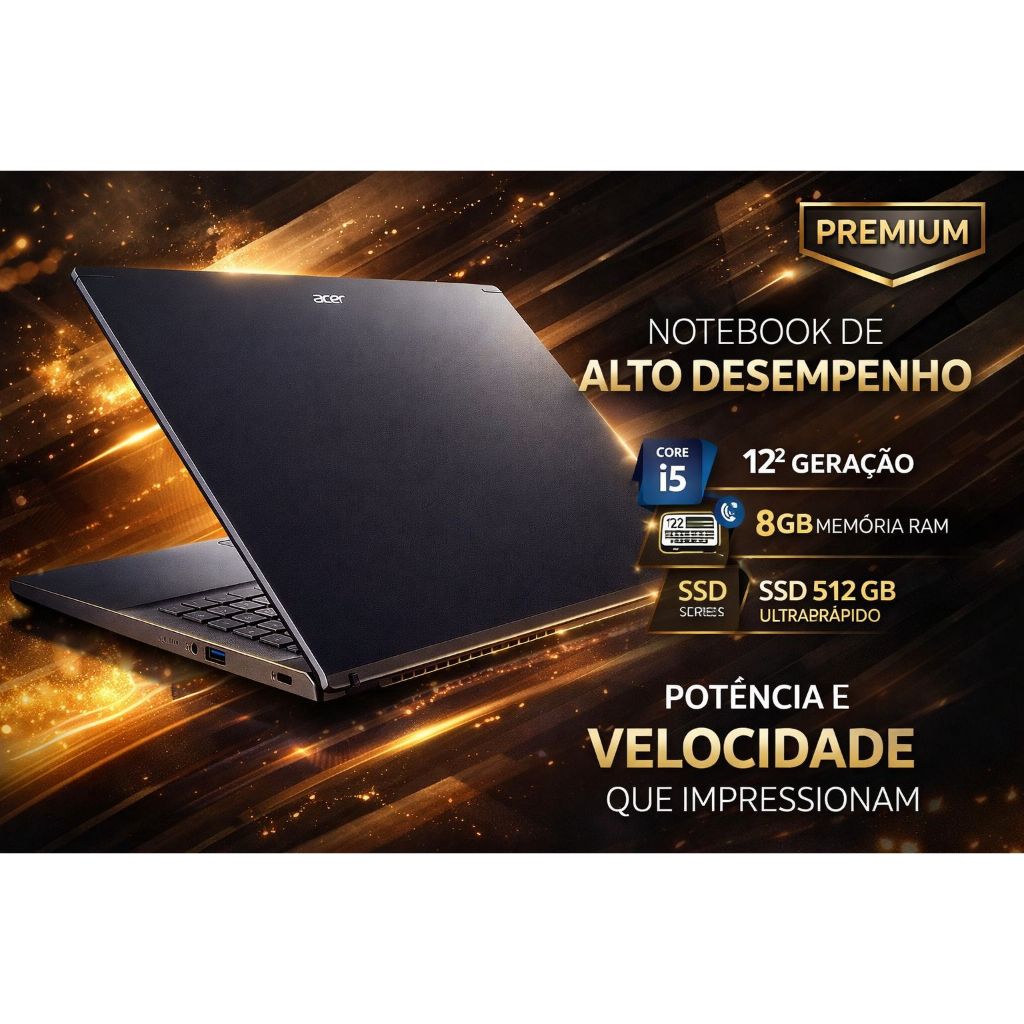 Notebook Acer Aspire 5 A515 – Core i5 12 ª 8GB RAM | SSD 512GB | Tela 15,6” Full HD | Win 11 Novo