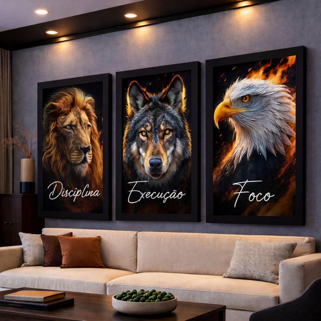 Kit 3 Quadros Decorativos Disciplina Execução Foco Leão Mosaico Sala Quarto Escritório