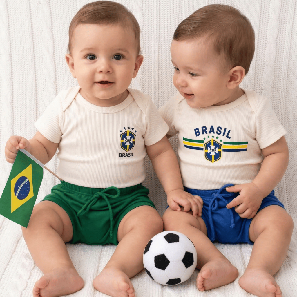 Conjunto Bebê Brasil Body Manga Curta com Tapa Fralda Roupa Infantil Tema Copa