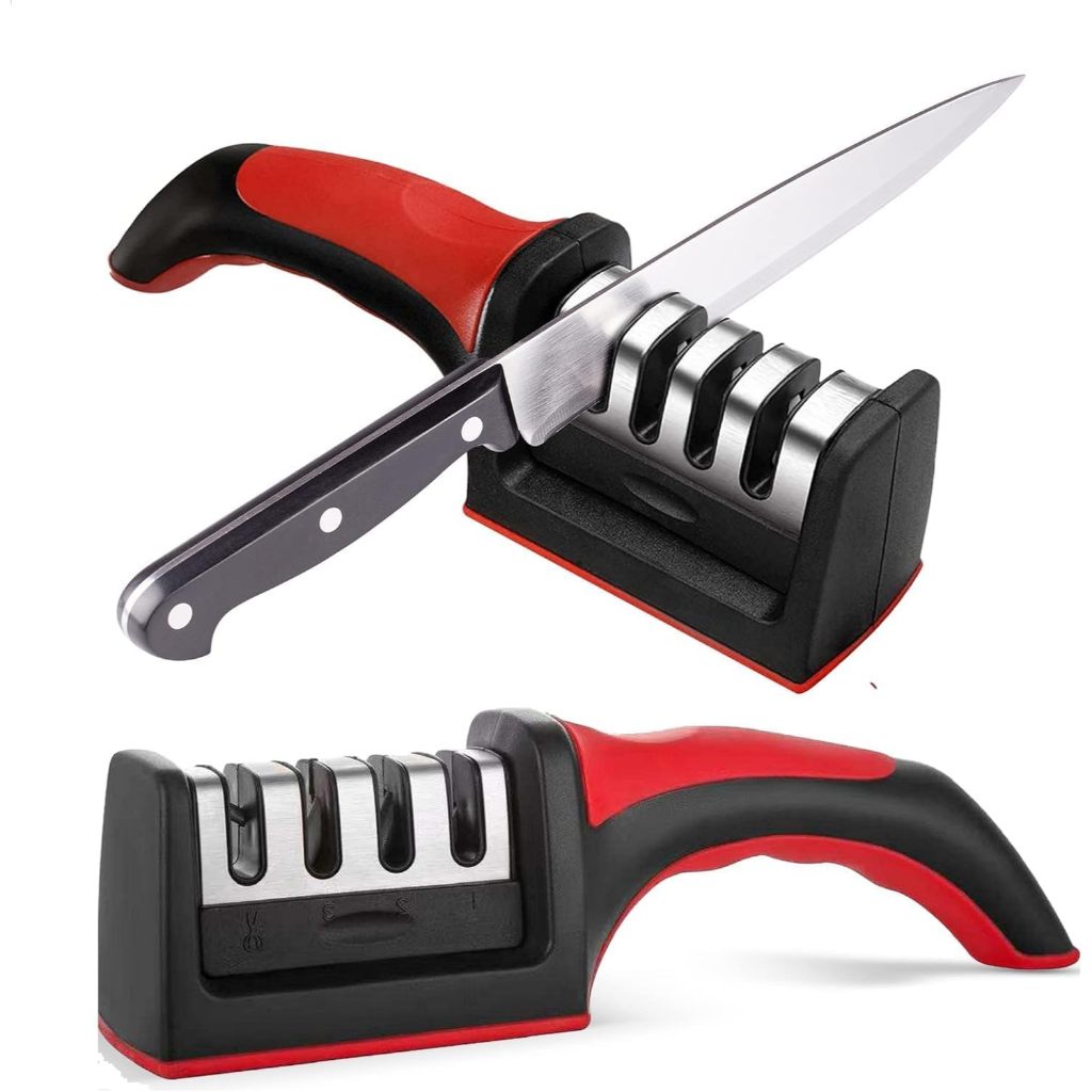 Afiador Amolador de Facas 3 em 1 Profissional Manual Cozinha Cabo Vermelho Antiderrapante Premium