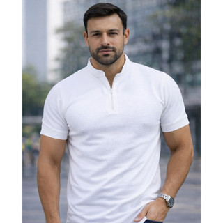 Polo Masculina Branca Texturizada Slim Fit com Zíper – Camisa Polo Premium Casual Elegante Masculina