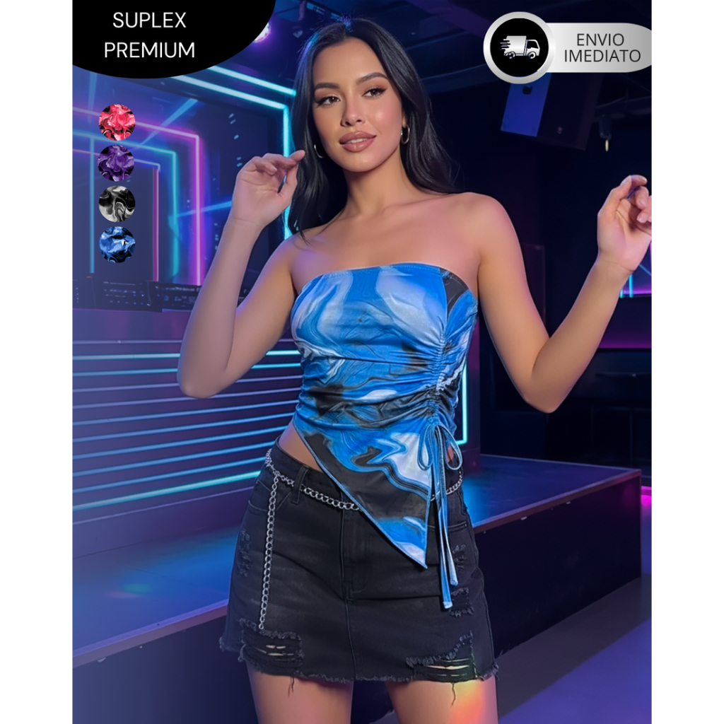 Blusa Tomara que Caia Assimétrico Cropped Moderno Tendência Top Fenda Ponta com Regulagem Blogueira