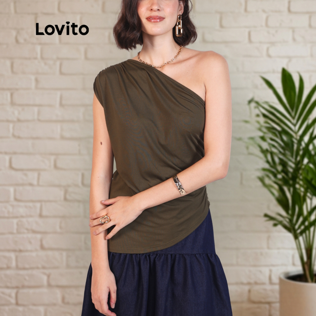 Lovito Blusa Elegante Franzida Um Ombro Só Moda Feminina BRTKB1405BRL1435 em Oferta na Shopee