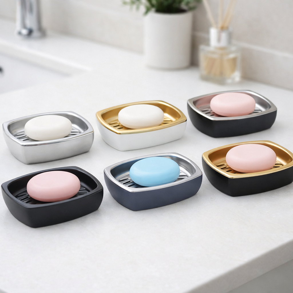 Saboneteira de Bancada Arthi Branco com Dourado – Base Removível, Sem Furo