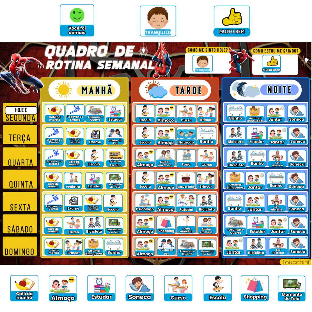 Quadro Infantil Com Rotina Semanal, Tarefas E Incentivo ao Bom Comportamento Tema Homem aranha