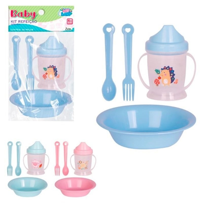 Kit Refeição Infantil 4 Peças Prato Copo Garfo Colher Plástico Crianças Escola Viagens Passeio