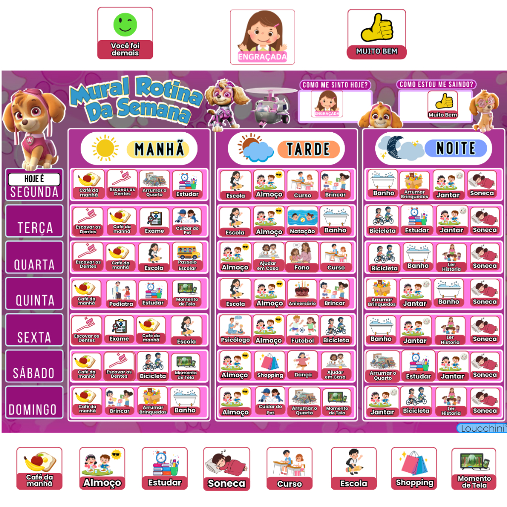 Quadro de Rotina Infantil Educativo Skye Patrulha Canina p/ Organização e Comportamento Positivo