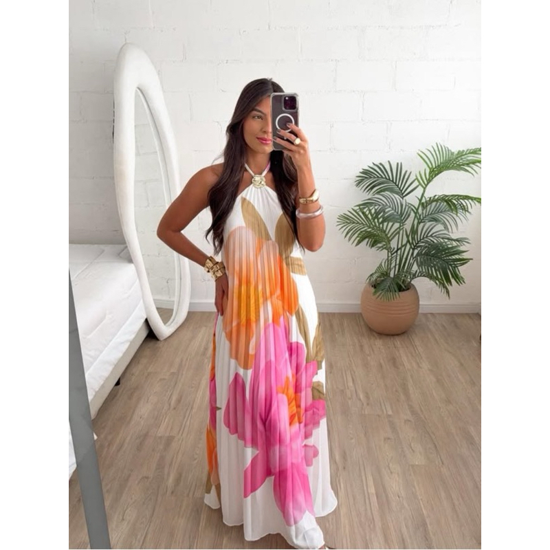 vestido longo plinsado floral fivela