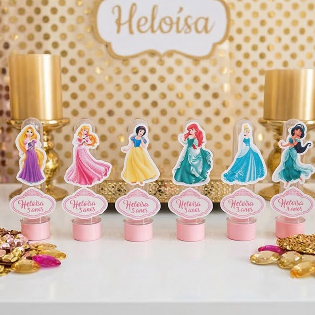 Aplique Tag para Tubetes Princesas com Nome e Idade | Lembrancinhas Personalizadas