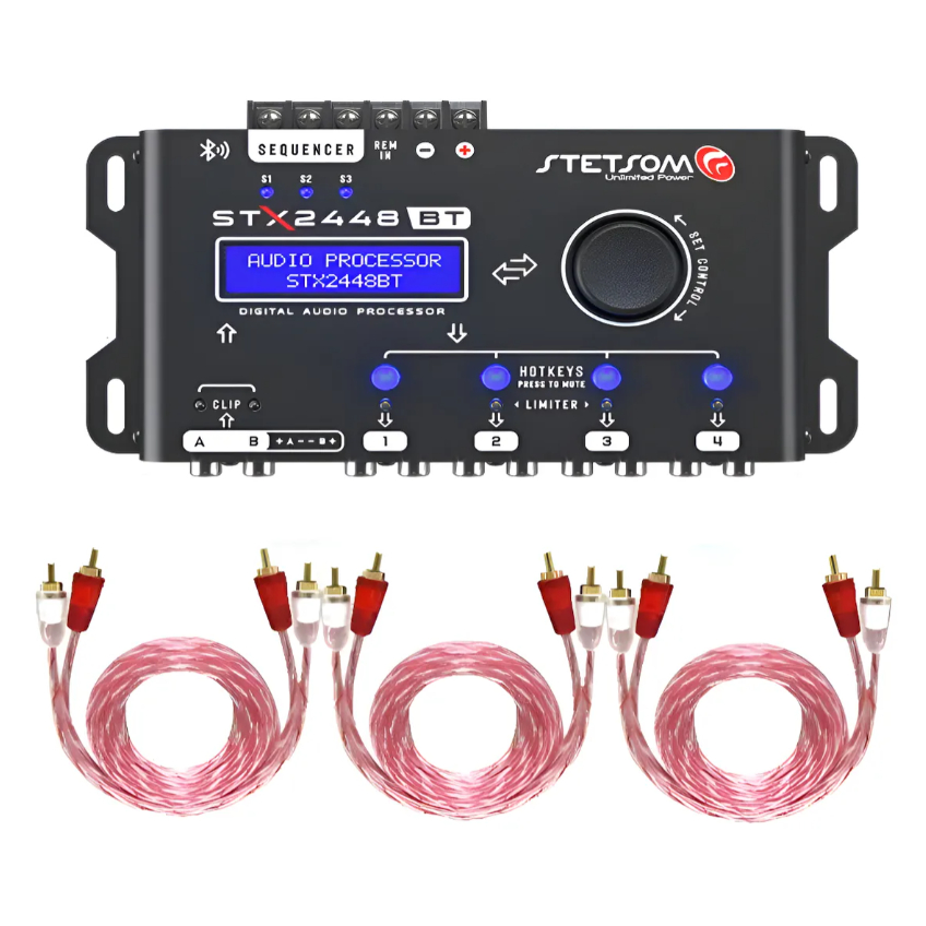 Processador Áudio Digital Stetsom Stx2448bt + 3 Cabos Rca 1 Metro Injetado Bronze
