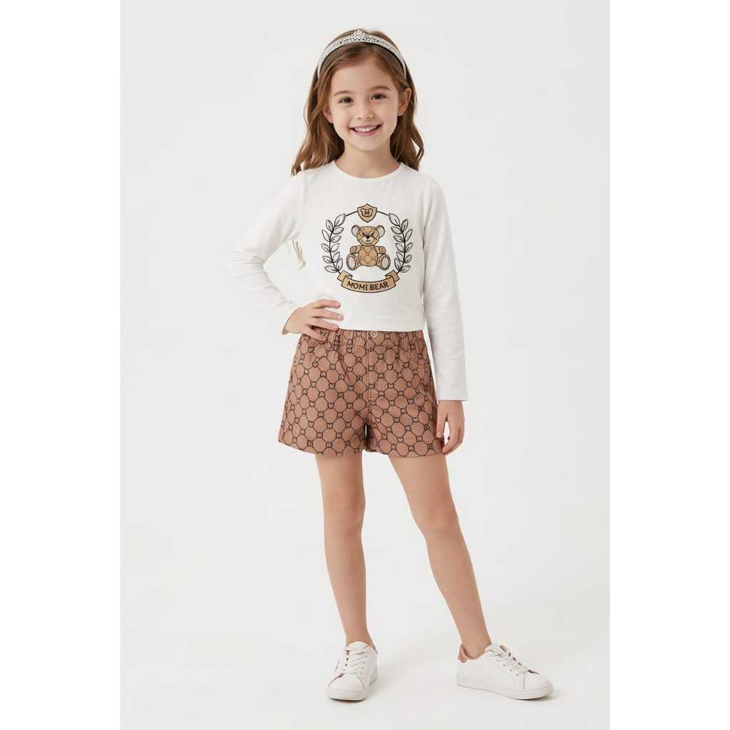 Conjunto Infantil Menina Momi |Blusa Manga Longa Urso + Short em camurça |  Inverno