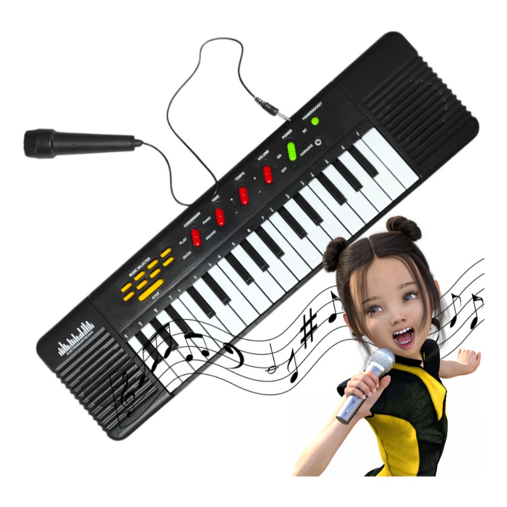 Teclado Musical Infantil 32 Teclas Com Microfone Luz Som Ritmos Educativo Criança 3 Anos Acima Preto