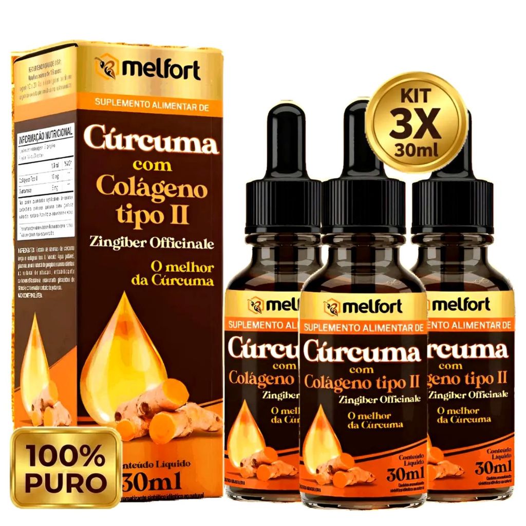 Kit 3x Cúrcuma com Colágeno Tipo 2 Gotas  3x30ml