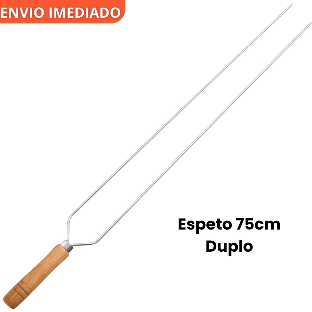 Espeto Duplo para Churrasco 75cm Cabo Madeira Reforçado Profissional