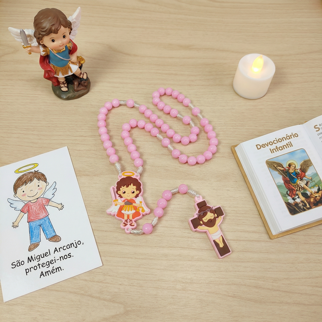 AB-Versa Terço Rosário Católico Infantil Aplique Emborrachado Imagem São Miguel Arcanjo Batismo Batizado Presente