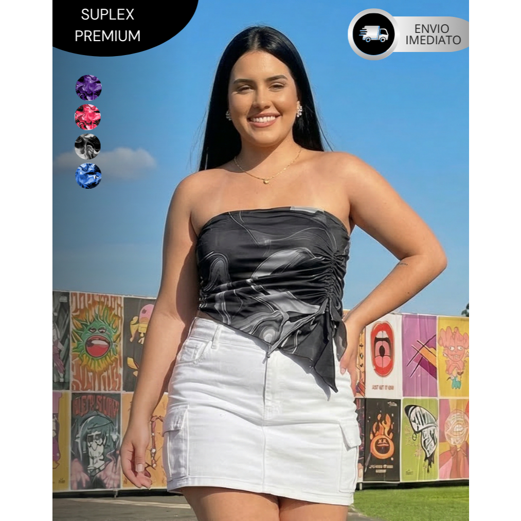 Blusa Feminina Estilosa Tomara que Caia Top Assimétrico Cropped Moderno Tendência Drapeada Blogueira