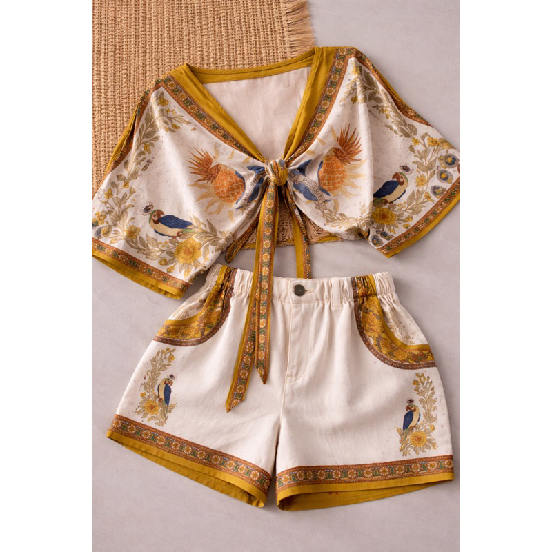 Conjunto ou peças separadas cropped morcego viscose encorpada ou kimono short de sarja algodão e elastano estampa brasil