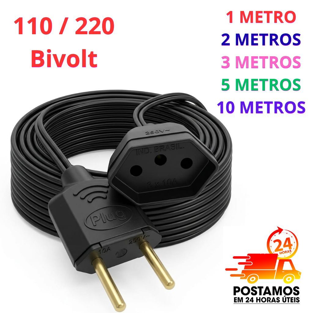 Extensão Eletrica reforçada de uma tomada varios tamanhos de 2 até 10 metros extensão bivolt 10A