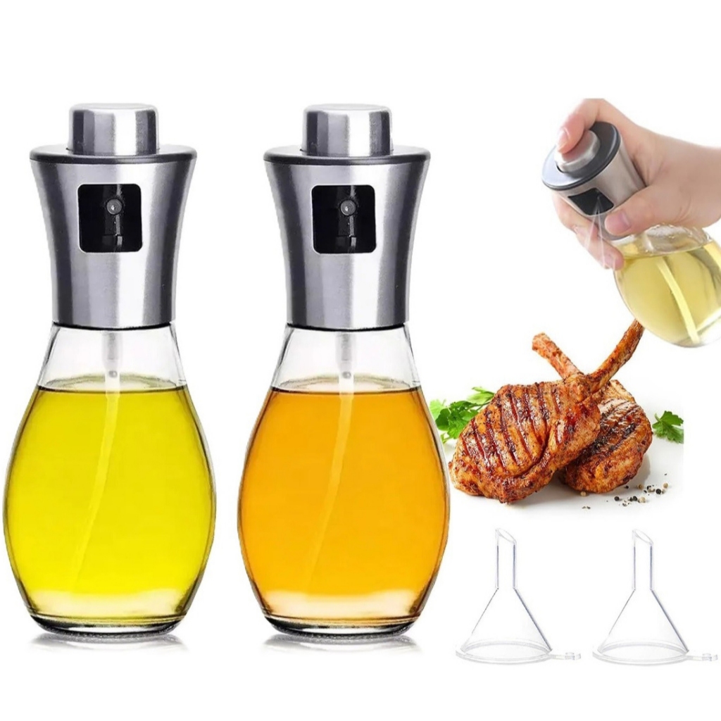 Spray Borrifador Azeite Vinagre 200ml Vidro Inox Kit 2 Und com Funil para Churrasco Cozinha Chef