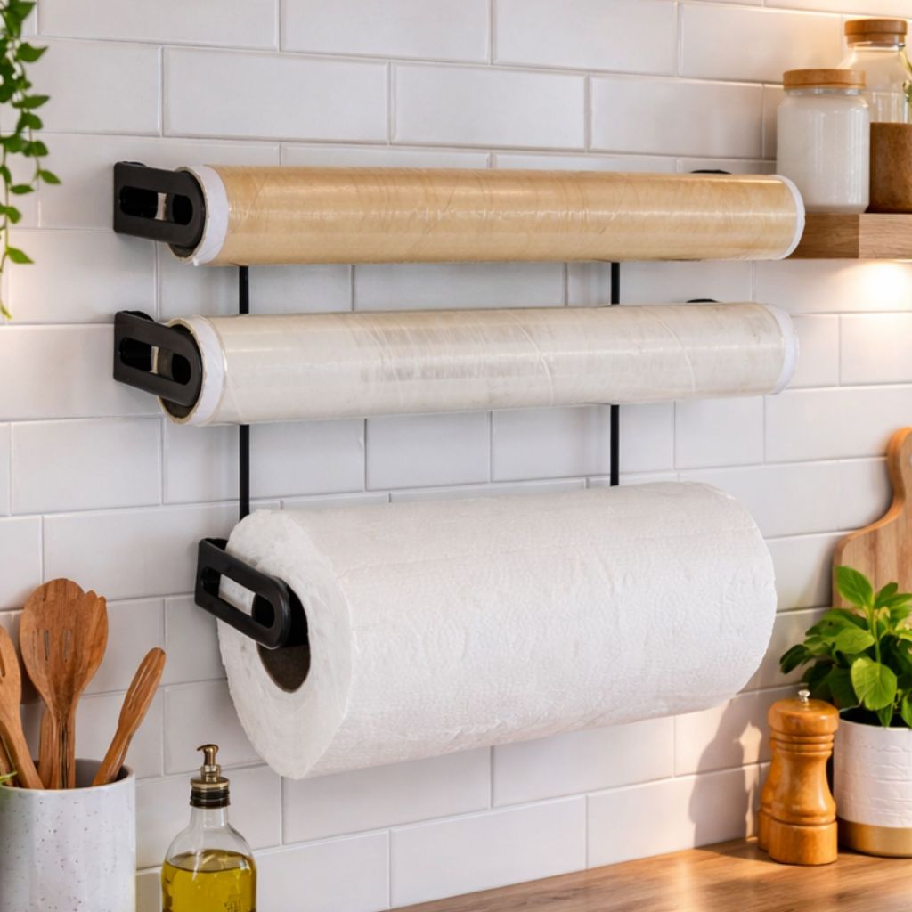 Porta Papel Toalha Triplo de Parede Suporte Rolo Filme PVC Alumínio Cozinha Organizador Aramado